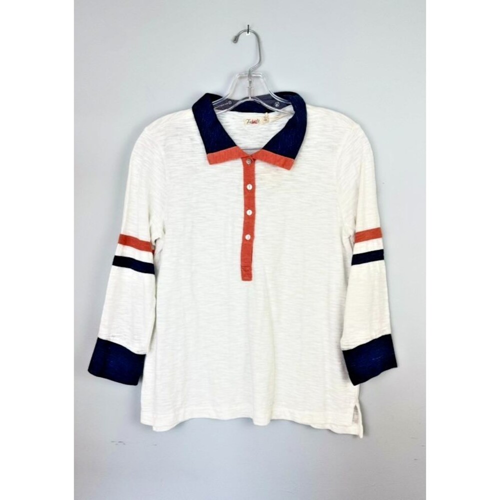 Faherty Women's Dion Long Sleeve 4 Button Ivory Navy Polo S - Picture 1 of 5
